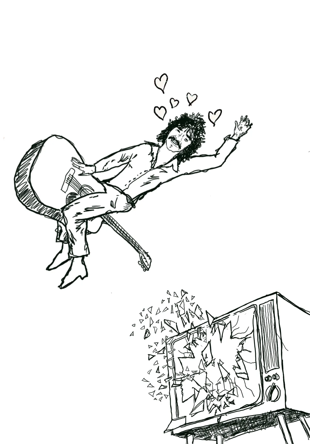 Line drawing of John Prine leaping out of a smashed television with his guitar, hearts above his head — ready to be coloured in.