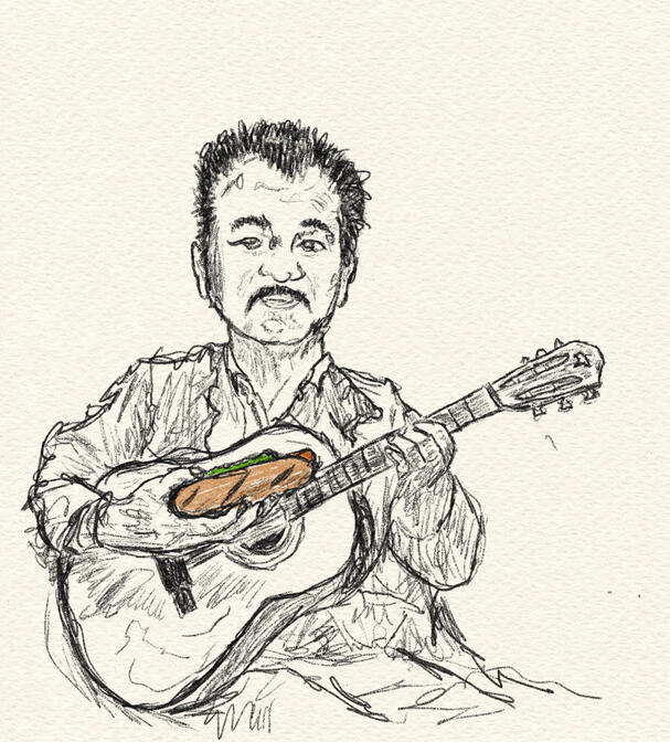 Drawing of John Prine with his guitar and a hot dog.